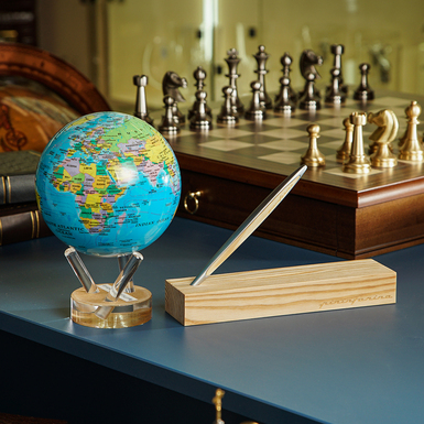 Gift set self-rotating globe "Political map" by Mova Ø 11.4 cm and eternal pencil Cambiano Classic Aluminum Walnut by Pininfarina