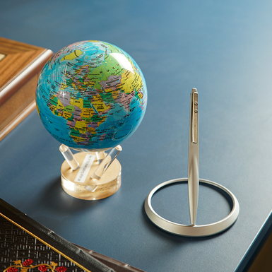 Gift set self-rotating globe "Political map" by Mova Ø 11.4 cm and permanent pencil Space Pure Gray Aluminum PF with stand by Pininfarina