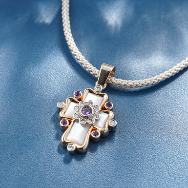 Lobortas Diamonds, Amethysts and Mother of Pearl "Pearl Dreams" Body Cross in Gold