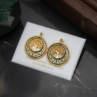 Tree of Life earrings in Damascus steel and gold plating by Anframa