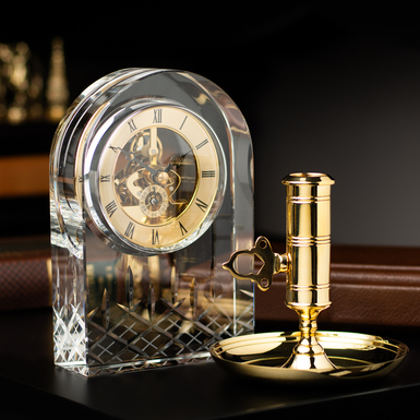 Gift Set - Candle Polished Brass Candle Holder by Skultuna and Crystal Mantel Clock Prince by Royal Buckingham, UK