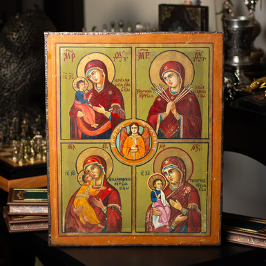 Four-part icon with 4 images of the Mother of God, late 19th - first quarter of the 20th century, Bessarabia (without restoration)