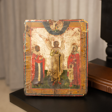 Myrrh-flowing ancient icon of the first half–mid 19th century with the Guardian Angel, Saints Cyril and Juliet, and Saint Peter (without restoration)