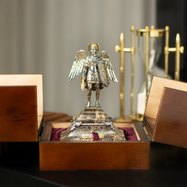 Statuette of Archangel Michael on a marble pedestal made of brass "Pandora", with gilding and silver