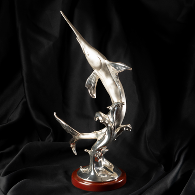 Silver plated figurine on wooden stand "Sea predator" by Exetera Argenti