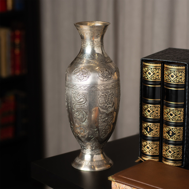 Dragon and Phoenix Engraved Metal Vase, Replica of Ancient Chinese Museum Vase