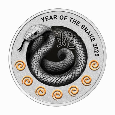 Silver coin in the frame "Snake and seven elements", year 2025