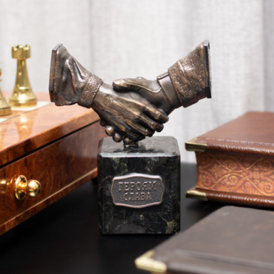 Brass mini sculpture "Respect to the Ukrainian people" on a labradorite pedestal