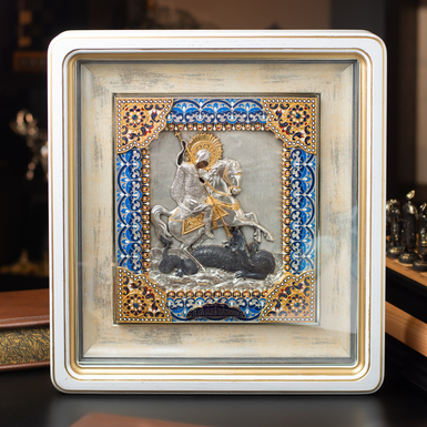 Icon "Saint Yuri Zmieborets" with silvering, gilding, enamel and electroplating