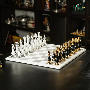 Elite chess set "Carrara Lux", board made of Bianco Carrara marble and gilded figures BY the Italian brand ITALFAMA