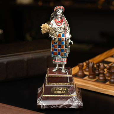 Латунна статуетка "Україна Ненька" на мармуровому постаменті з позолотою та кольоровими емалями від UKRAINIAN SCULPTURE