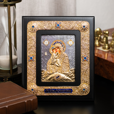 Медный складень "Богоматерь Почаевская" (посеребрение, позолота, эмали, камни)