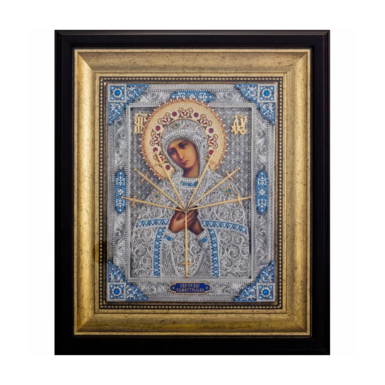 Икона Божией Матери "Семистрельная" с позолотой, посеребрением и камнями