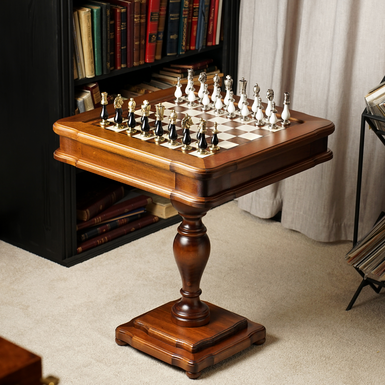 Шахматный стол "Dominor" с деревянной доской ручной работы, металлическими фигурками и нардами внутри от ITALFAMA