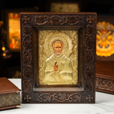 Икона Николай Чудотворец с резной рамой из меди и посеребрением