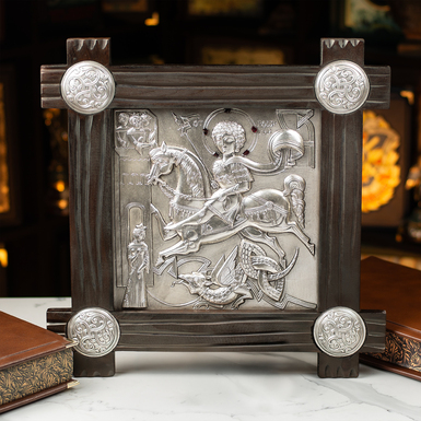 Icon George the Victorious with copper and silver plating