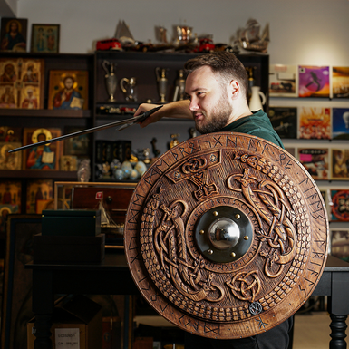 Подарочный комплект – Деревянный щит викингов ручной работы "Norse runes" от Topor & Molot и Эксклюзивный меч из черной стали "Millennium" от Topor & Molot