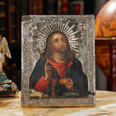Старинная икона в серебряной ризе Хлебный Спас середины 19 века, Центральные регионы православия (без реставрации)
