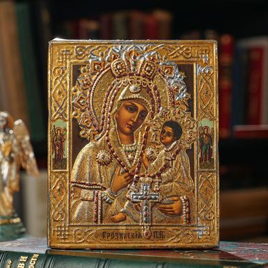 Стародавня ікона Грузинської Божої Матері з двома Архангелами по полях 1896 року, фабрика Жако (без реставрації)