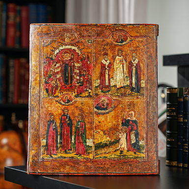 Старинная четырехчастная икона середины 19 века, центральные регионы православия (без реставрации)