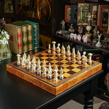 Игровой набор 3 в 1 (шахматы, шашки, нарды) "Sea Kingdom" с кожаной доской ручной работы и тематическими фигурками ITALFAMA