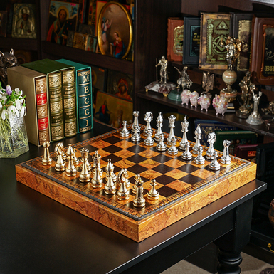 Игровой набор 3 в 1 (шахматы, шашки, нарды) "Kael" с кожаной доской ручной работы и фигурками из серебра и золота от ITALFAMA