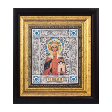 Икона "Святая мученица Людмила" из меди, камней, эмали, посеребрения и позолоты