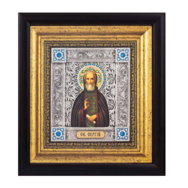 Икона "Святой Сергий" из меди, камней, эмали, посеребрения и позолоты
