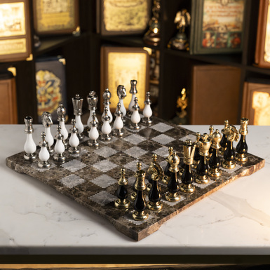Шахматный набор "Eidos" с мраморной доской и металлическими фигурками ITALFAMA