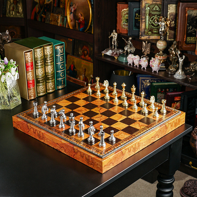 Игровой набор 3 в 1 (шахматы, шашки, нарды) "Orien" с кожаной доской ручной работы и металлическими фигурками ITALFAMA