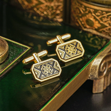 Anframa Cufflinks "Okult" made of Damascus steel and gold plating