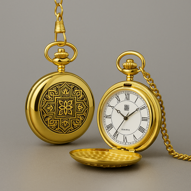 Pocket watch "Seconds" made of Damascus steel and gold plating by Anframa brand