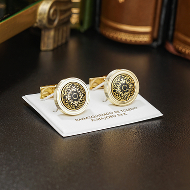 Запонки "Centre" від бренду Anframa з дамаської сталі та позолоти