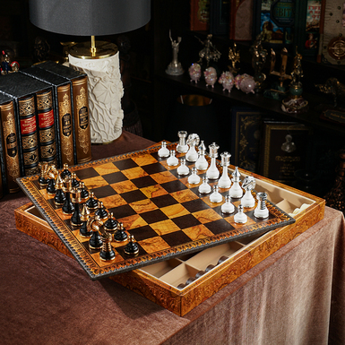 Набор ручной работы "Glide" с доской 3 в 1 для шахмат, нардов и шашек из кожзама и фигурками из латуни от Italfama