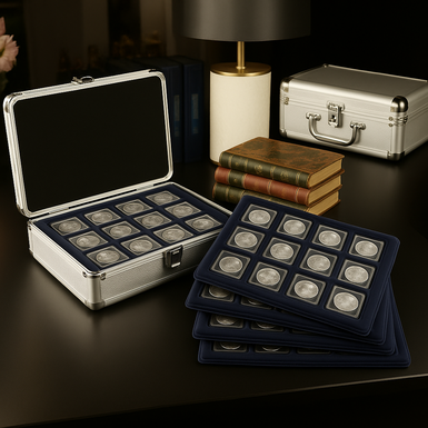Металлический кейс-чемодан для хранения и транспортировки монет разных размеров (112 монет) от Leuchtturm (Германия)