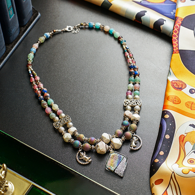 Ожерелье "Самоцвет" 2-рядное из матового агата, яшмы, агата-кракле, чешского стекла