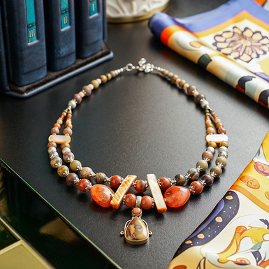 Ожерелье "Симфония" 2-рядное из агата (посеребренного), сердолика, золотого песка, яшмы