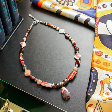 Ожерелье "Аура" 1-рядное из яшмы (посеребренной), морозного агата, бычьего глаза, перламутра