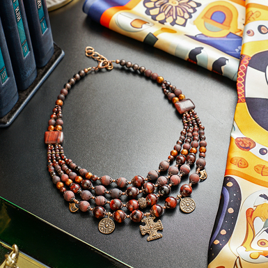 Намисто "Вінтаж" 4-рядне з бичачого ока, вінтажного скла, мосяжного литва під мідь