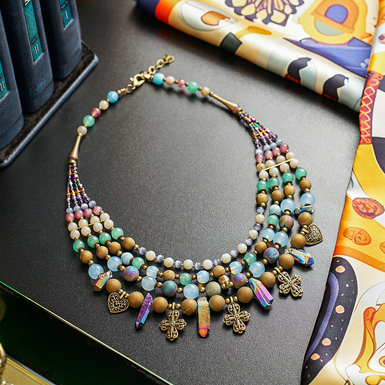 Ожерелье "Магия" 4-рядное из халцедона, агата, лабрадора, кошачьего глаза