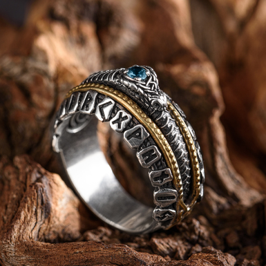 Серебряный перстень с латунью Pandora, топазом и гранатом "Уроборос" от ARHAIKA