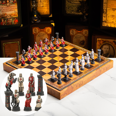 Handmade set "Order of the Lion" with 3-in-1 board for chess, backgammon and checkers made of leatherette and resin figures from Italfama