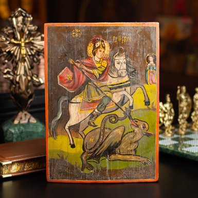 Старинная украинская народная икона Георгия Победоносца второй половины 19 века, Киевская область