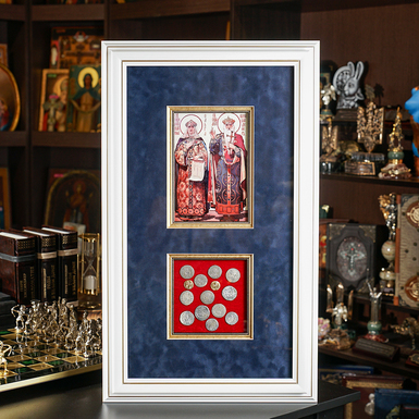 Историческая композиция "Святые равноапостольные Ольга и Владимир и монеты Киевской Руси"