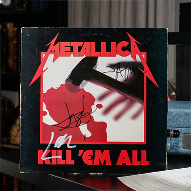 Сертифицированные автографы Джеймса Хэтфилда, Джейсона Ньюстеда, Ларса Ульриха, Кирка Хеммета на виниловой пластинке Metallica - Kill 'Em All