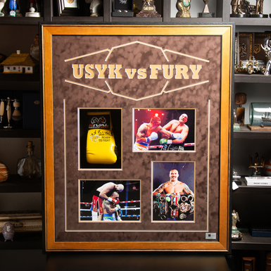 Certified autograph of boxer Oleksandr Usyk on a glove with a collage of photos of the fight with Tyson Fury (112 cm)