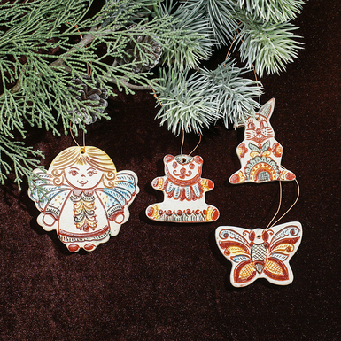 Комплект елочных игрушек "Лесная сказка" (4 шт.), Гуцульская керамика