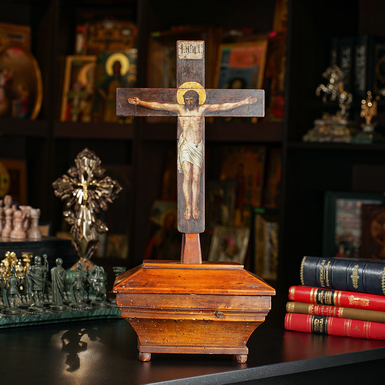 Выносной деревянный напрестольный крест с ящиком для Причастия второй половины 19 века, Винницкая область (без реставрации)