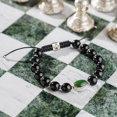 Браслет "Greeny" з шерл турмаліну, срібла 925 проби та з бусиною із нефриту