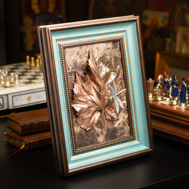 Авторская настенная композиция "Осенний лист виноградной лозы со стрекозой. Урожай" (бронза, литье, серебрение) от Евгения Епура